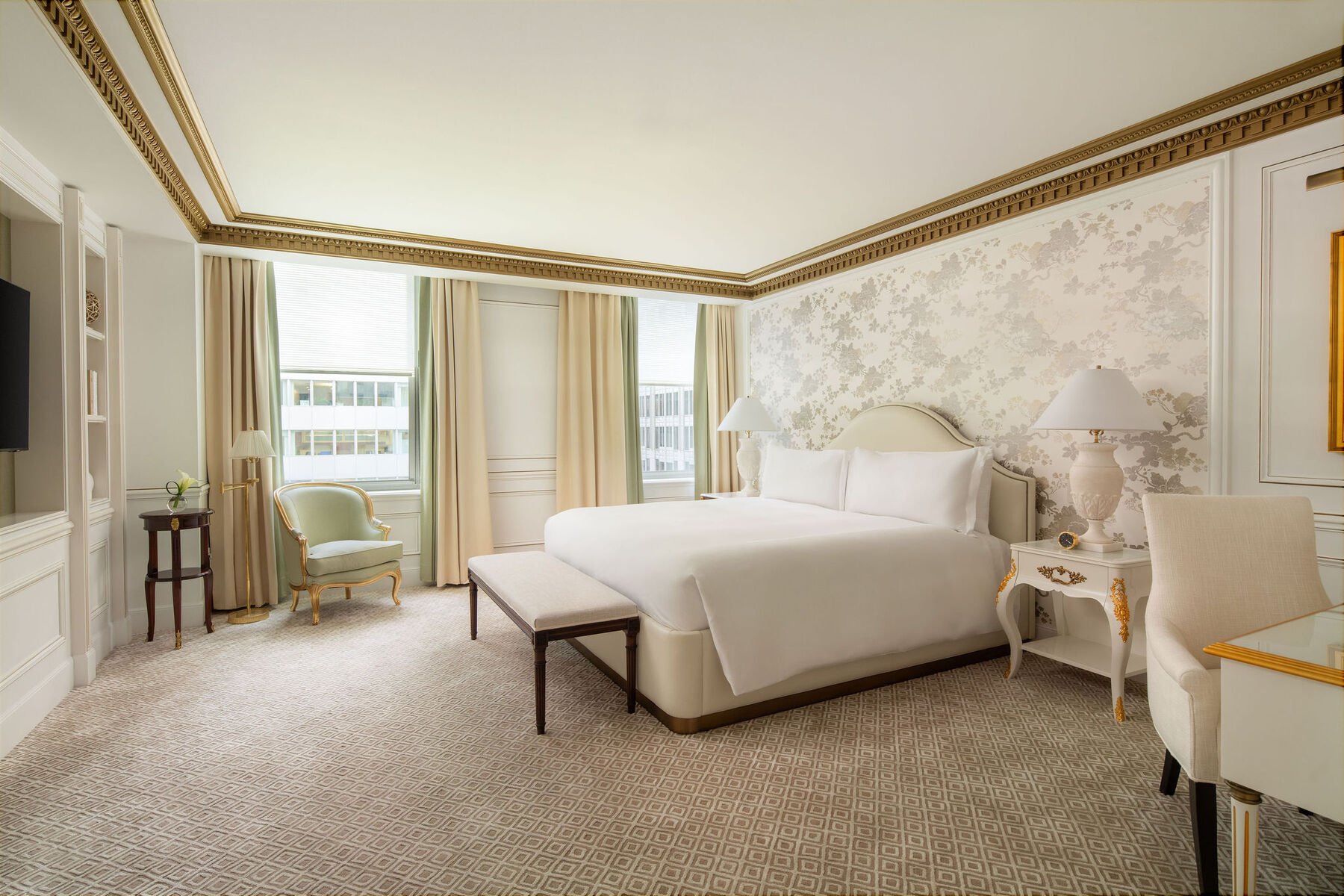 elegant white and gold bedroom in the Waldorf Suite at Waldorf Astoria New York