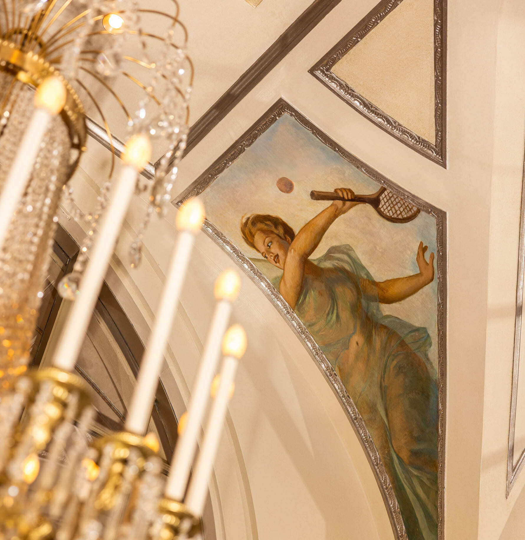 a photo of a painting on the ceiling with a chandelier
